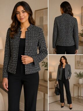 Elleven Black White Tweed Jacket NWT Size L Structured Blazer